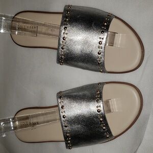 Cole Haan Grand. OS Anika Silver Leather Slides With Goldtone Embellishments 7.5